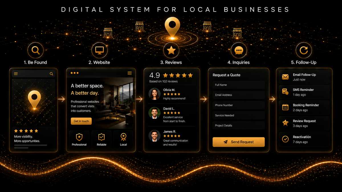 The BLYNX system in five steps: Be Found, Website, Reviews, Inquiries and Follow-Up, shown as one flow for an example business.