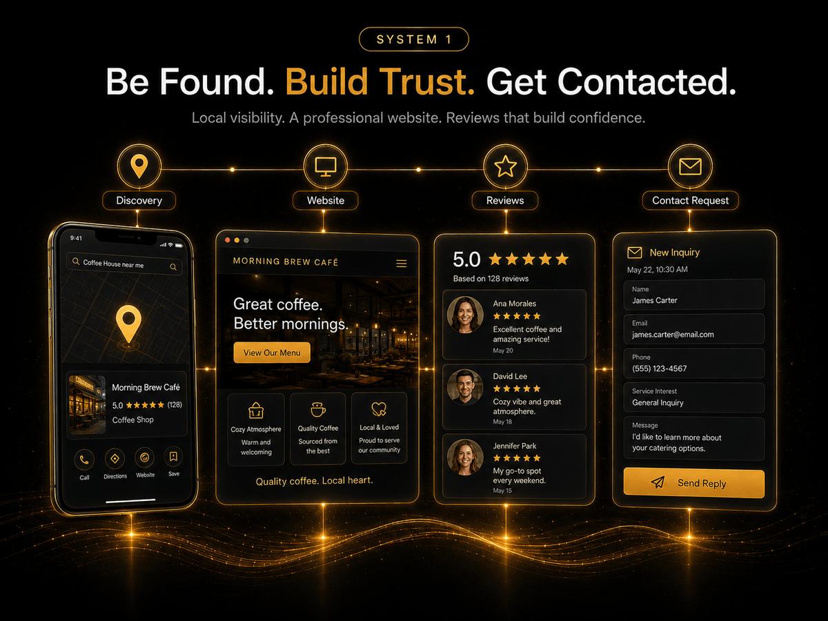 System 1 in action: a mobile business listing, a business website, a customer review, and a contact form.