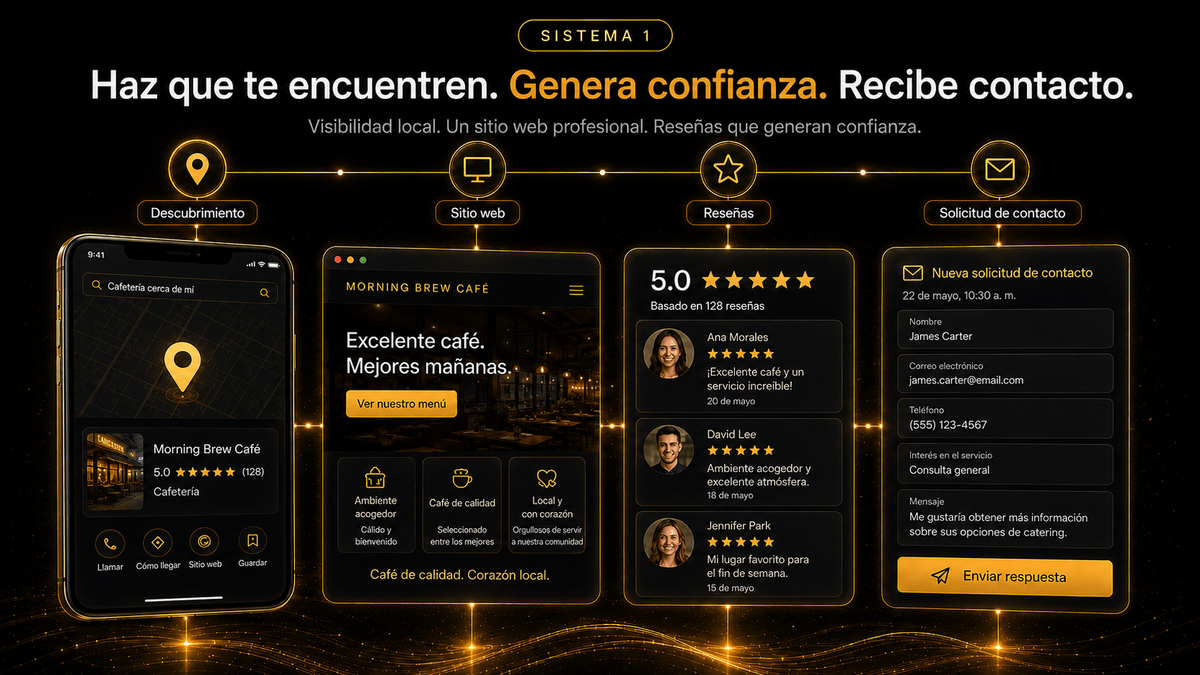 Sistema 1 en acción: una ficha de negocio en el móvil, un sitio web de negocio, una reseña de cliente y un formulario de contacto.