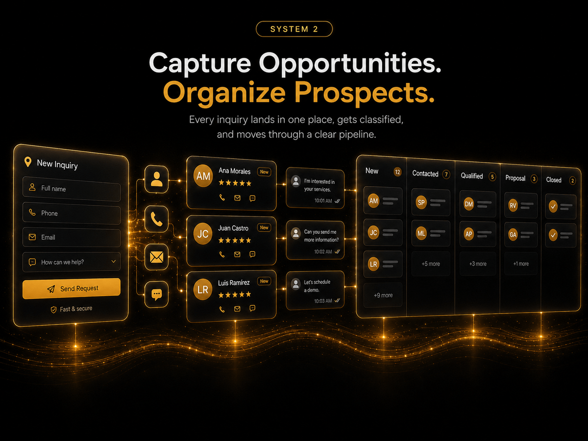 System 2 in action: a new contact request organized by status and priority on a simple opportunity board.