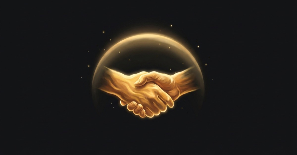 Golden handshake sheltered under a soft protective arc of light with small stars around it