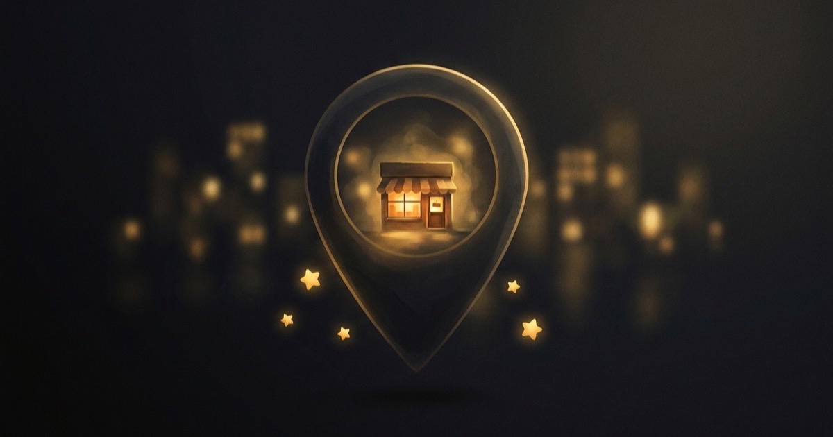 Warmly lit small storefront glowing inside a translucent map pin surrounded by golden review stars