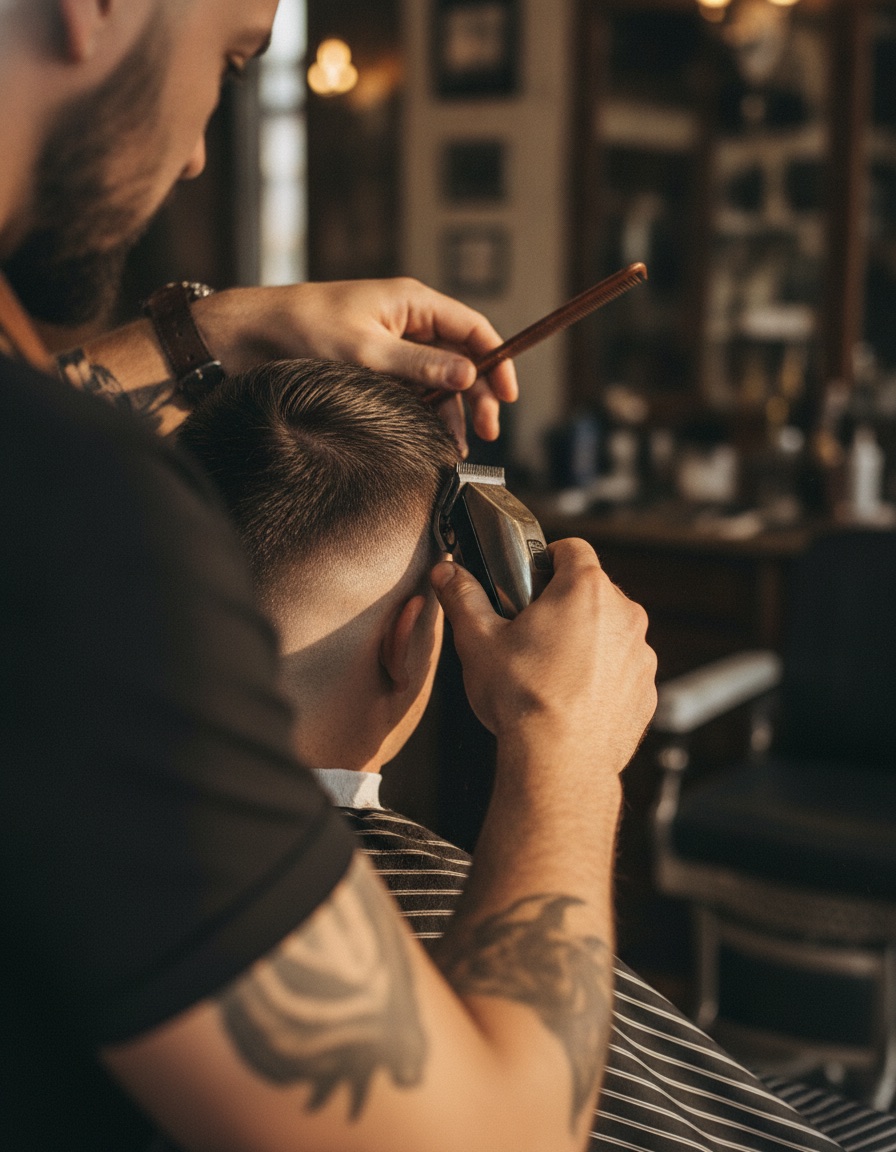 Barber using clippers to shape a precise fade