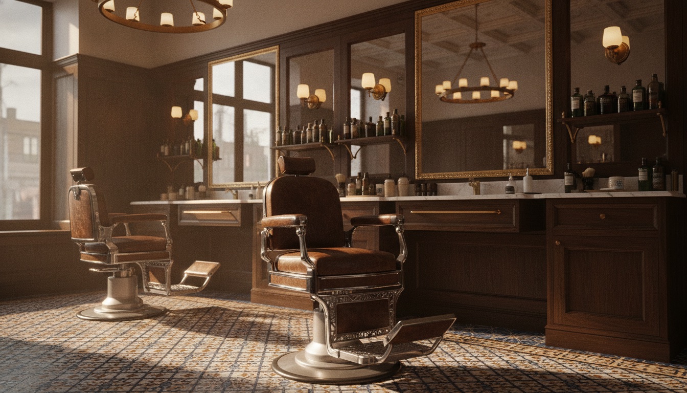 Classic barbershop interior with leather chairs, dark wood panelling and warm brass lighting