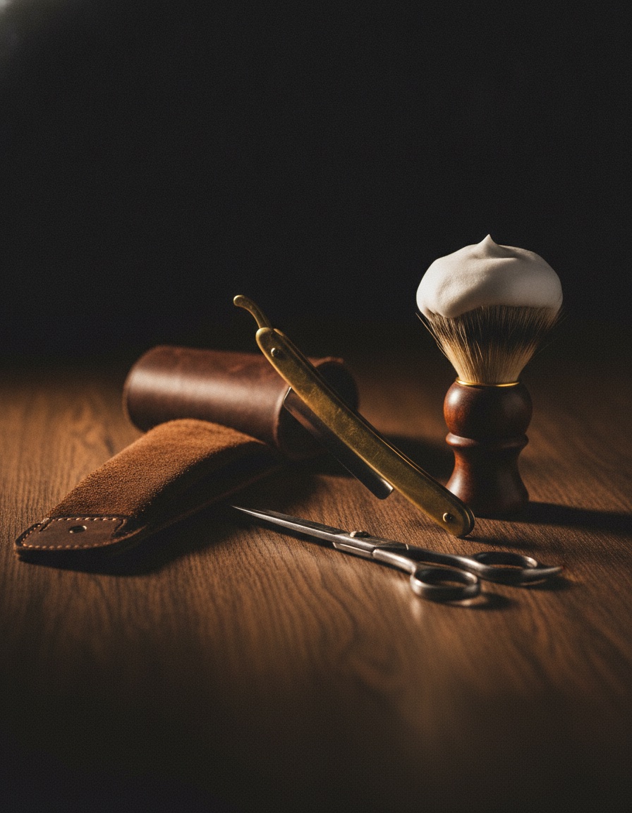 Straight razor, scissors, leather strop and shaving brush on dark wood