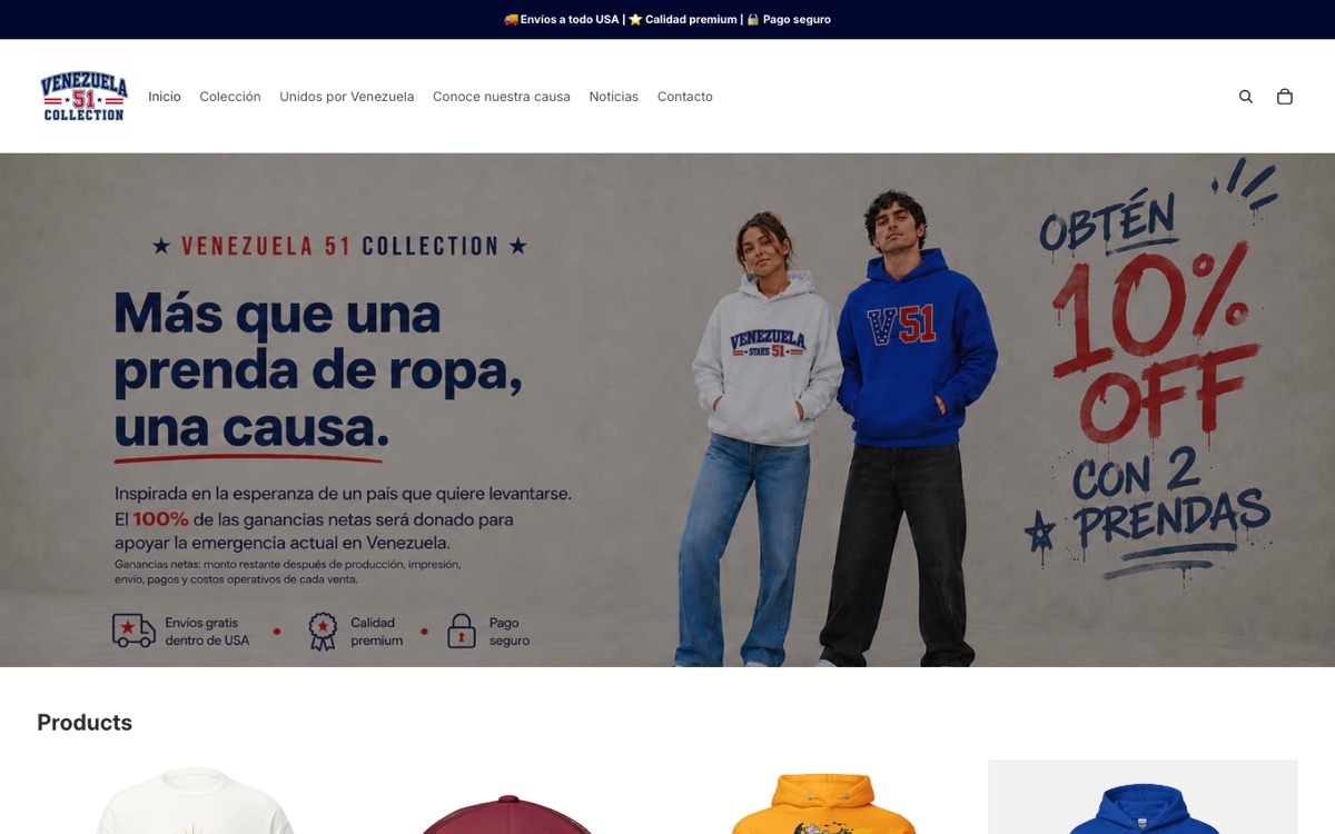 Página de inicio de la tienda en línea Venezuela 51 Collection mostrando su banner principal y su sección de productos