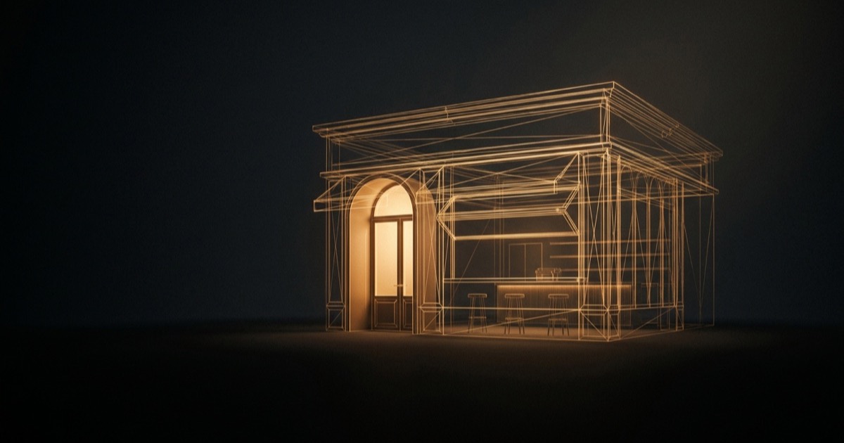 Golden blueprint wireframe of a small storefront rising from dark ground, its entrance already lit