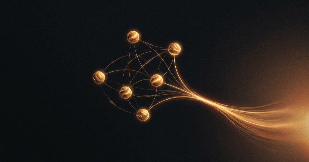 Seis esferas doradas conectadas por hilos de luz que convergen en una sola corriente brillante